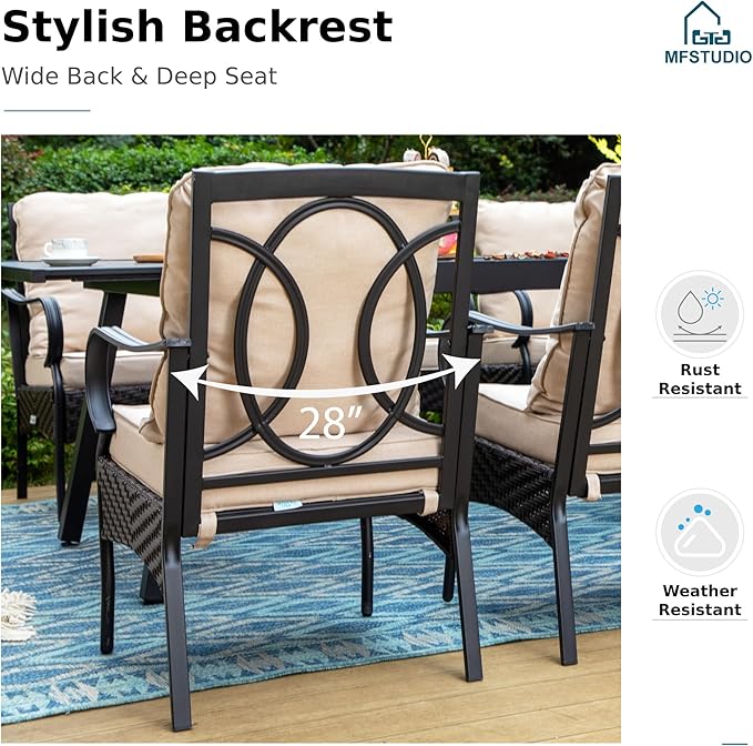 MFSTUDIO 7 Pieces Patio Dining Sets for 6, 64" Rectangle Wood-Like Dining Table for 6, Cushioned Metal Chairs, Outdoor Table and Chairs, Heavy Duty Dining Furniture for Backyard, Porch