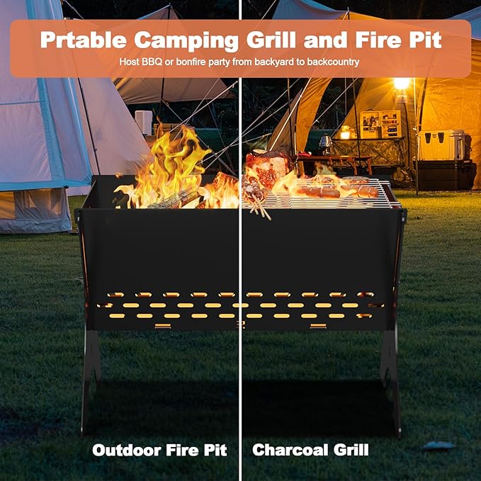Camping Campfire Grill, 16"Lx12"D Portable Folding Charcoal Grills, Backpacking BBQ Grill with Carry Bag, Outdoor Fire pit for Camping, Picnic, Bonfire, Patio, Backyard