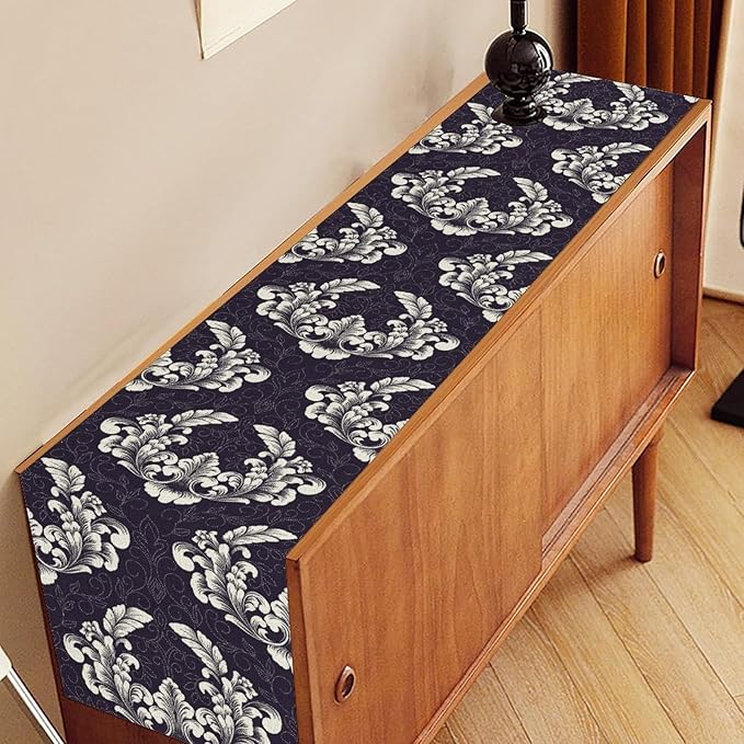 Gothic Table Runner, Antique Retro Damask Floral Bohemian Boho Purple Rustic Vintage Coffee Table Center Decor for Kitchen and Dining Outdoor Home Country Party Table Decorations, 13"x108"