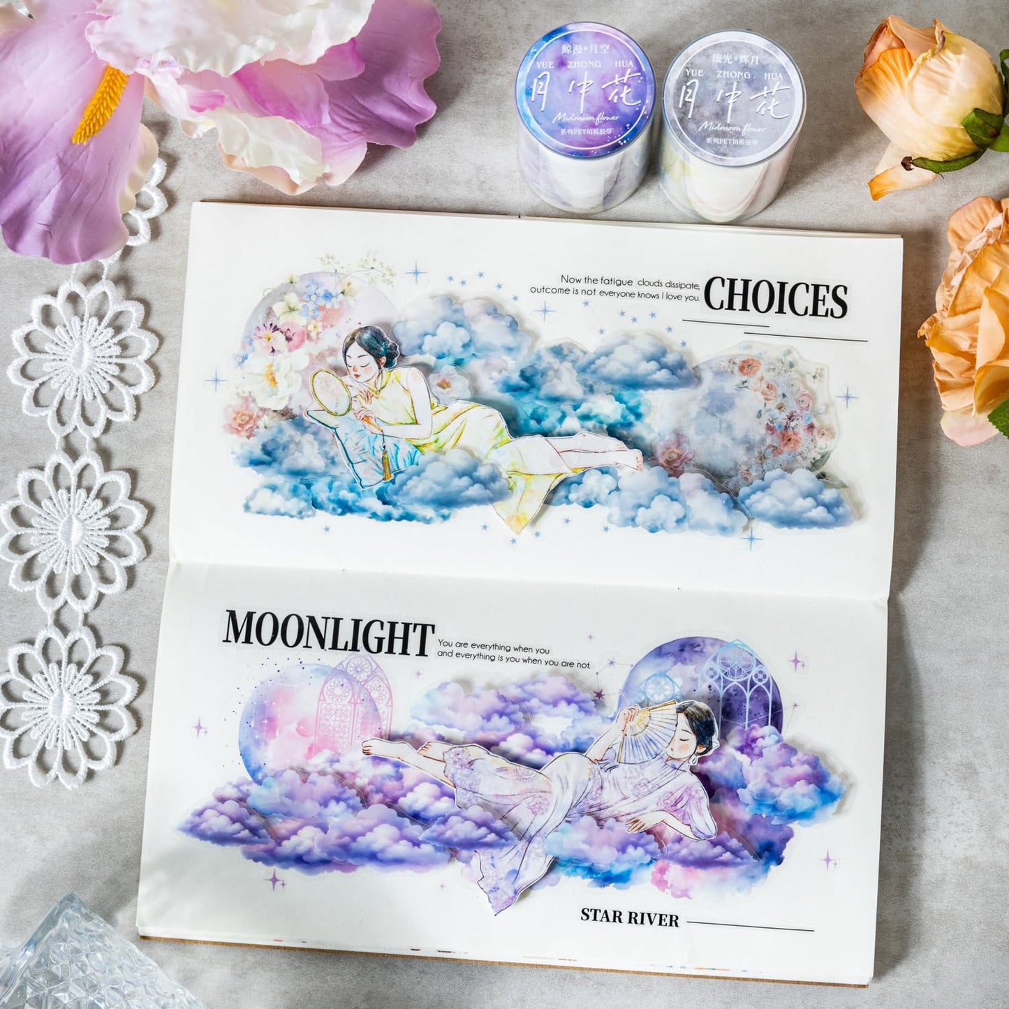 6 Rolls Moon Flower PET Tape Set, Pre-Cut Aesthetic Stickers for Journaling, Scrapbooking, and DIY Crafts, with Decorative Clip