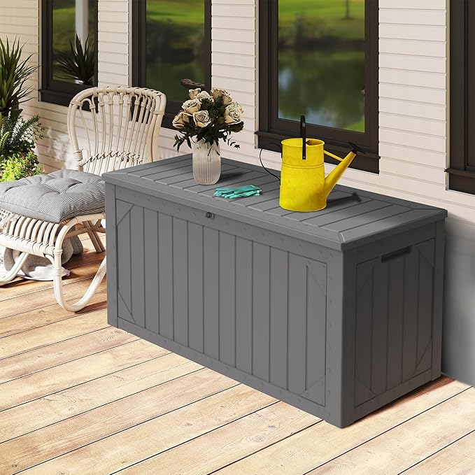 100 Gallon Outdoor Storage Box Waterproof, Lockable Resin Deck Box Patio Storage Bin for Pool Accessories Cushion Furniture, Garden Tools, UV-Resistant Outside Delivery, Grey
