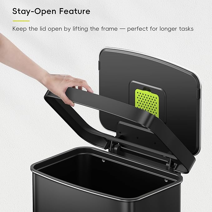 EKO Hudson 50 Liter/13.2 Gallon Kitchen Trash Can with Soft Close Lid, Stainless Steel Step Trash Can, Garbage Can with Rear Trash Bag Storage Compartment for Kitchen, Matte Black