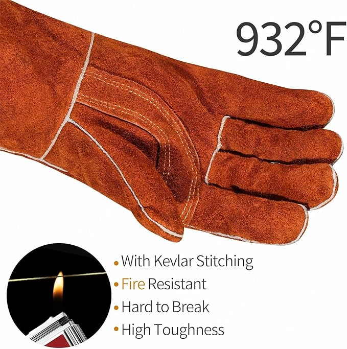 Leather Welding Gloves - Thick Premium Cow Split Leather, Heat Resistant, Welding, Grilling, BBQ & Fireplace