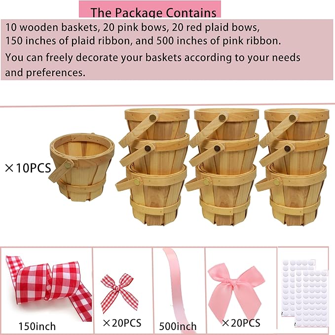 10 Pcs Mini Wooden Apple Baskets Bulk 4 x 5.1 Inch Bushel Baskets with Handle for Gifts, Farmers Market, Fall Picnic, Garden Picking, Fruit Strawberry Flowers Crafts, Home Wedding Party Decor