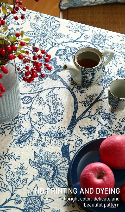 ISAENNE Designer French Linen Extra Long Rectangle Tablecloth,Blue Floral Washable Indoor Table Cloth,Durable Home Decor Tablecloths for Dining Thanksgiving Kitchen Party,67"*118"-Ruyi B