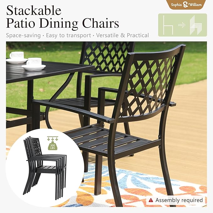Sophia & William Metal Outdoor Patio Dining Set 6 PCS with 10ft 3 Tier Auto-tilt Umbrella(Navy Blue), 4 x Metal Outdoor Chairs, 1 x Square 37"x 37" Dining Table and 1 Patio Umbrella