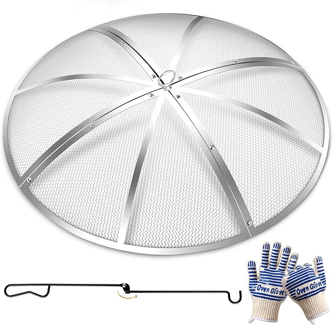 Stainless Steel Fire Pit Spark Screen 22 Inch Round, Heavy Duty Outdoor Fire Pit Screen Cover with Foldable Hook & Marshmallow Sticks, Mesh Spark Protector for Backyard, Camping, Beach