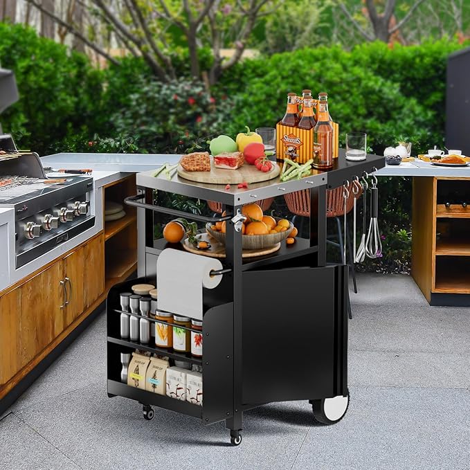 ROOMTEC Outdoor Grill Cart with Storage,Movable Modular BBQ Cart,Waterproof Patio Kitchen Island with Hooks and Spice Rack,Bar Patio Kitchen Island Prep Stand Cabinet with Cover