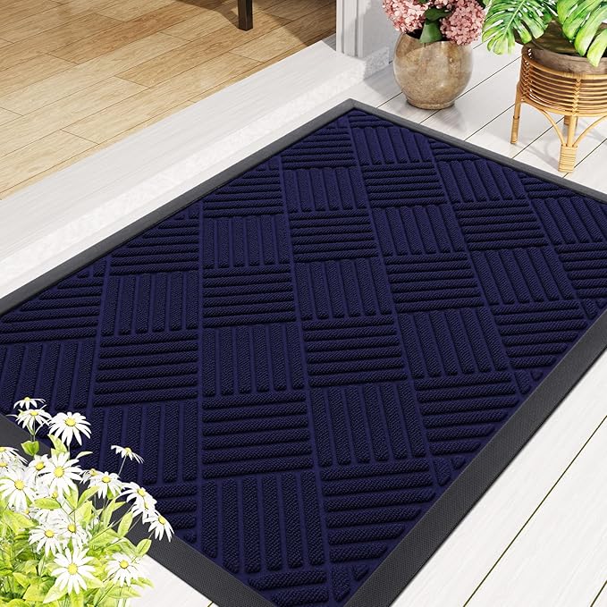 Smiry Front Door Mat Outside Entrance, Heavy Duty Outdoor Indoor Mat, Natural Rubber Doormat, Non Slip, Trap Dirt and Moisture, Easy Clean, Low Profile Patio Porch Entryway Mat, 29.5x17, Black Blue