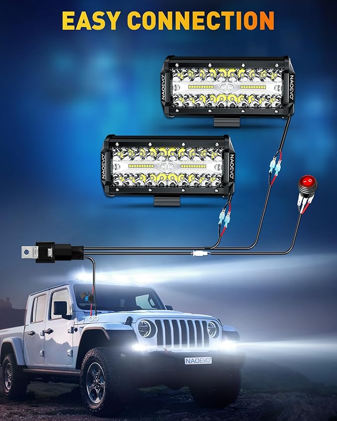 NAOEVO 7 Inch LED Light Bar, 240W 24,000LM Offroad Fog/Driving Lights LED Pods with 2 Leads Wiring Harness Kit, Spot Flood Combo Beam, Work for Truck Boat UTV ATV, 2-Pack (White)