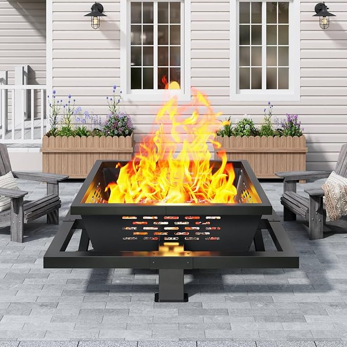47" Large Fire Pit, Square Outdoor Fire Pit with Poker, Wood Burning FirePit for Camping, Backyard, Patio