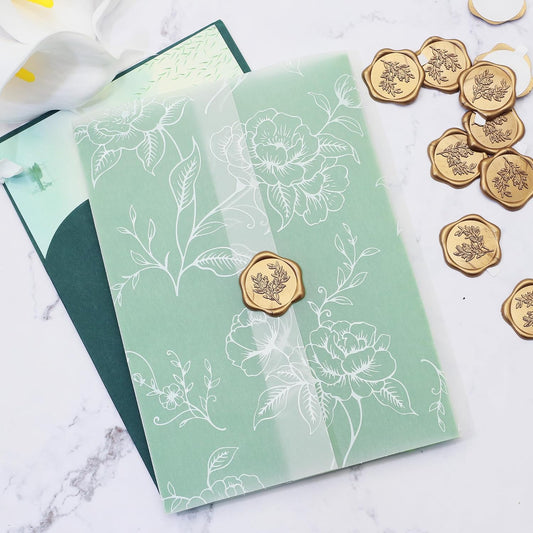 SWANGSA 50 Sets Wedding Invitations Wraps, Vellum Jackets for 5x7 Invitations & Self Adhesive Antique Gold Eucalyptus Wax Seal Stickers for Wedding Bridal Baby Shower Birthday Envelopes (White Rose)