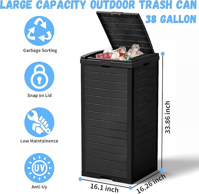 38 Gallon Outdoor Trash Can with Lid, Dual Lid Closure Outdoor Trash Can, Waterproof Resin Garbage Can with Pull-Out Liquid Drawer for Kitchen, Backyard Deck, Patio(Deep Black)