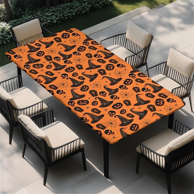 Rectangle Table Cloth Cover Waterproof Elastic Fitted Polyester Fitted Tablecloths for 4 Foot Tables for Indoor,Picnic, Camping, Outdoor （48" x 30"，Halloween Tablecloth）