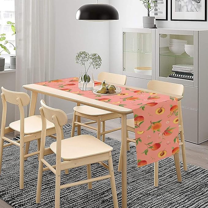Pink Cute Peach Table Runner, Colorful Summer Fruit Floral Table Runner for Kitchen Dining Party Holiday Home 13x60in