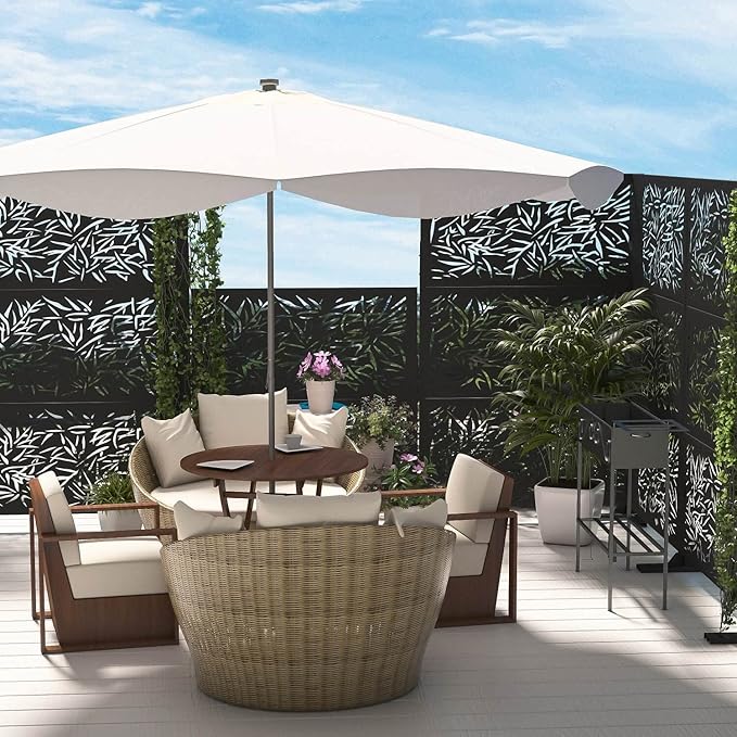 Elevens Patio Privacy Screen Balcony Decorative Screen Set with Stand, Outdoor Decor Privacy Fence Screen, Indoor Room Decorative Divider (Leaf-Black)