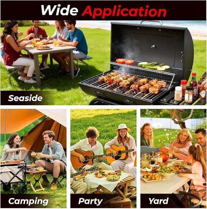 Outvita Barrel Charcoal Grill with Warming Rack, Outdoor BBQ Grill with Side Front Table with Spacious Cooking Grid Area for Backyard Patio Picnic Parties Camping, Black