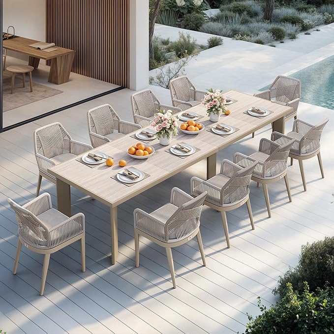 PURPLE LEAF 11 Pieces Patio Dining Set Aluminum Modern Rectangular Table and Rattan Arm Chairs with Cushions for Kitchen Porch Garden Outdoor Furniture Sets, Champagne