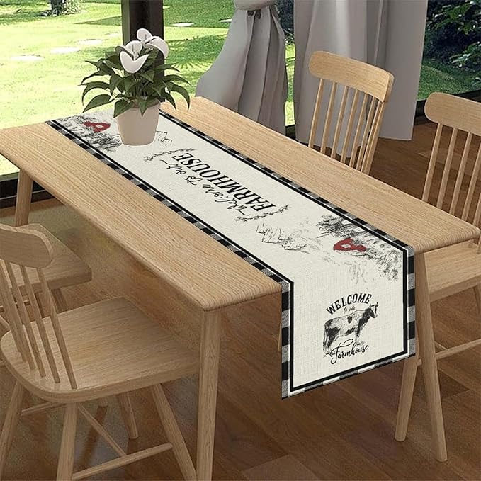 Farmhouse Table Runner, Rustic Country Barn Cottage Rooster Cow Check Animal Plank Coffee Table Center Decor for Home Kitchen Dining Patio Holiday Party Indoor Outdoor Table Decorations 13"x90"