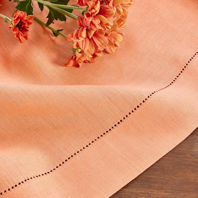 Solino Home Linen Coral Table Runner 120 Inches Long - 100% Pure Linen Hemstitch 14 x 120 Inch Table Runner for Dining, Valentines, Spring, Easter - Classic Hemstitch