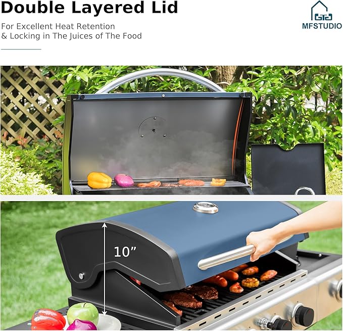 MFSTUDIO 4 Burner BBQ Gas Grill with Side Burner, Propane Grills with Porcelain-Enameled Cast Iron Grates, Durable Stainless Steel frame for Outdoor and Patio Backyard Barbecue Cooking, Blue