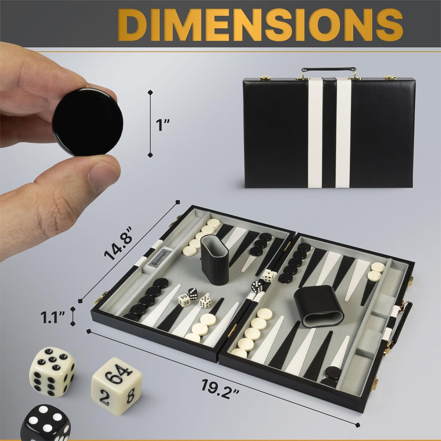 Backgammon Sets for Adults – 15-Inch Black PU Leather Board Game Set – Classic 2-Player Travel Backgammon Set with 32 Playing Pieces, Dice, and Cups