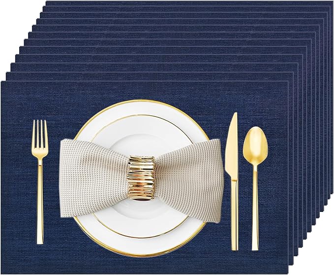 Placemats Set of 12 Washable&Wipeable Place mats for Dining Table Kitchen Indoor Outdoor Table Mats Heat Resistant Non Slip Woven Vinyl Table Placemats (Navy Blue，12PCS)