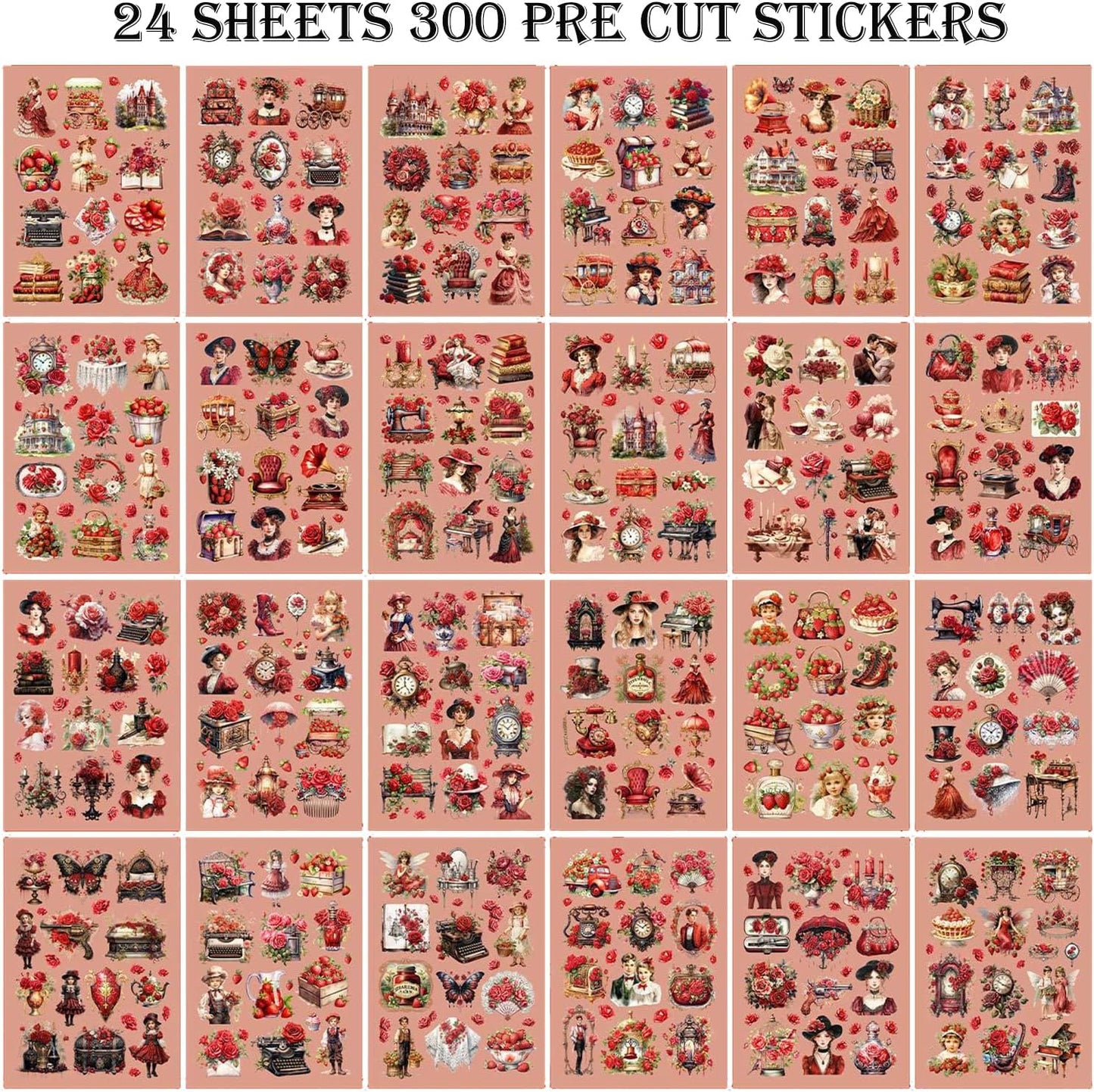 Vintage Ephemera Sticker 24 Sheets precut 300 washi Stickers Paper Journal Stickers for Adults People Scrapbook Stickers Scrapbooking Supplies