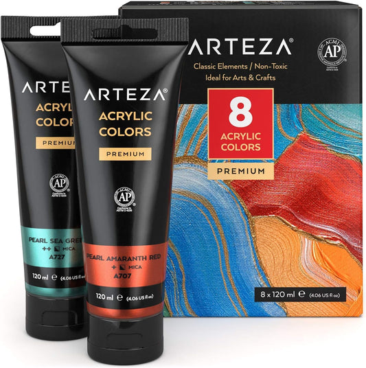 Arteza Metallic Acrylic Paint, Set of 8 Classic Elements Colors 4.06oz Tubes, Rich Pigments, Non Fading, Non Toxic Paints for Artists & Hobby Painters, Art Supplies for Canvas Painting & Crafts