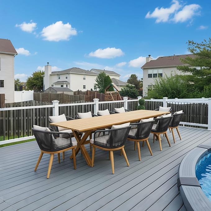 PURPLE LEAF 11 Pieces Patio Dining Set Wicker Outdoor Furniture Rectangular Table and Chairs Set for Garden Deck Teak-Finish Aluminum Frame Backyard Kitchen Set, Cushions and Pillows Included