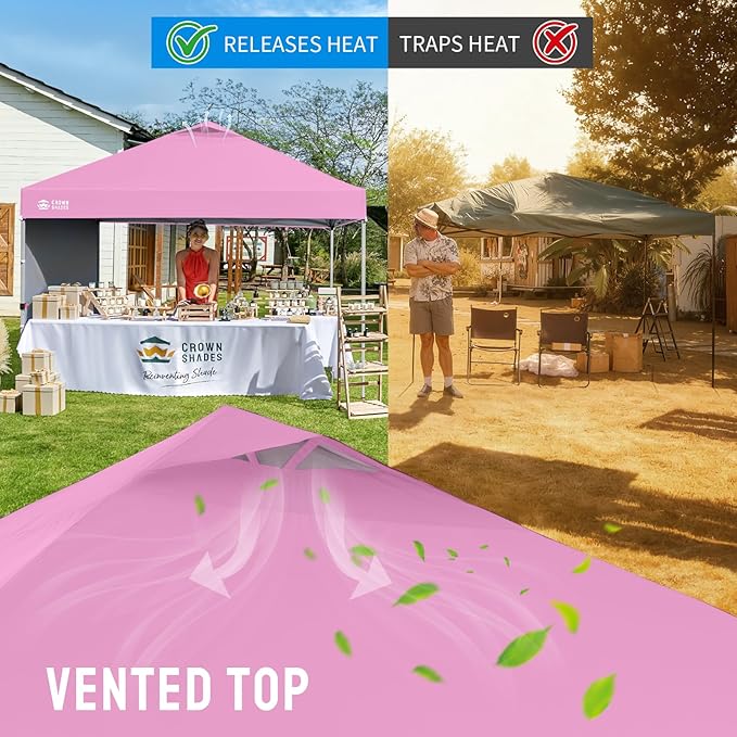 CROWN SHADES Canopy Tent, 10 x 10 Foot Portable Pop Up Outdoor Shelter with 1 Sidewall, Easy 1 Push Center Lock, UV Protection, and Carry Bag, Pink