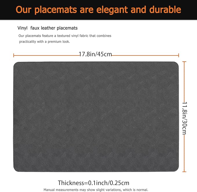 Vinyl Placemats Set of 12 Faux Leather 100% Waterproof Wipeable Washable Place Mats Heat Resistant Easy Clean Non-Slip Table Mats for Indoor Outdoor. (12,Gray)