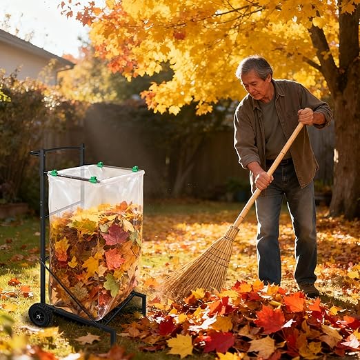 Metal Leaf Bag Holder, 50-55 Gallon Adjustable Trash Bag Holder, Height Added Design Garbage Bag Trolley with wheels,Trash Bag Holder Stand Suitable for Yard and Lawn Cleaning, Camping, and Gathering
