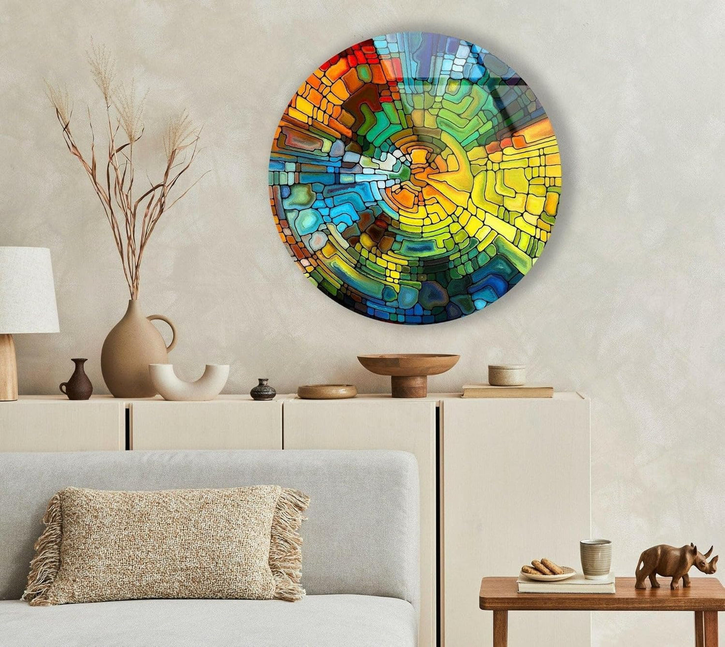 My Photostation.com 24''(60cm) Diameter Stained Yellow Round Glass Wall Art Tempered Glass Printing Wall Decor Large Wall Art Wall Hangings