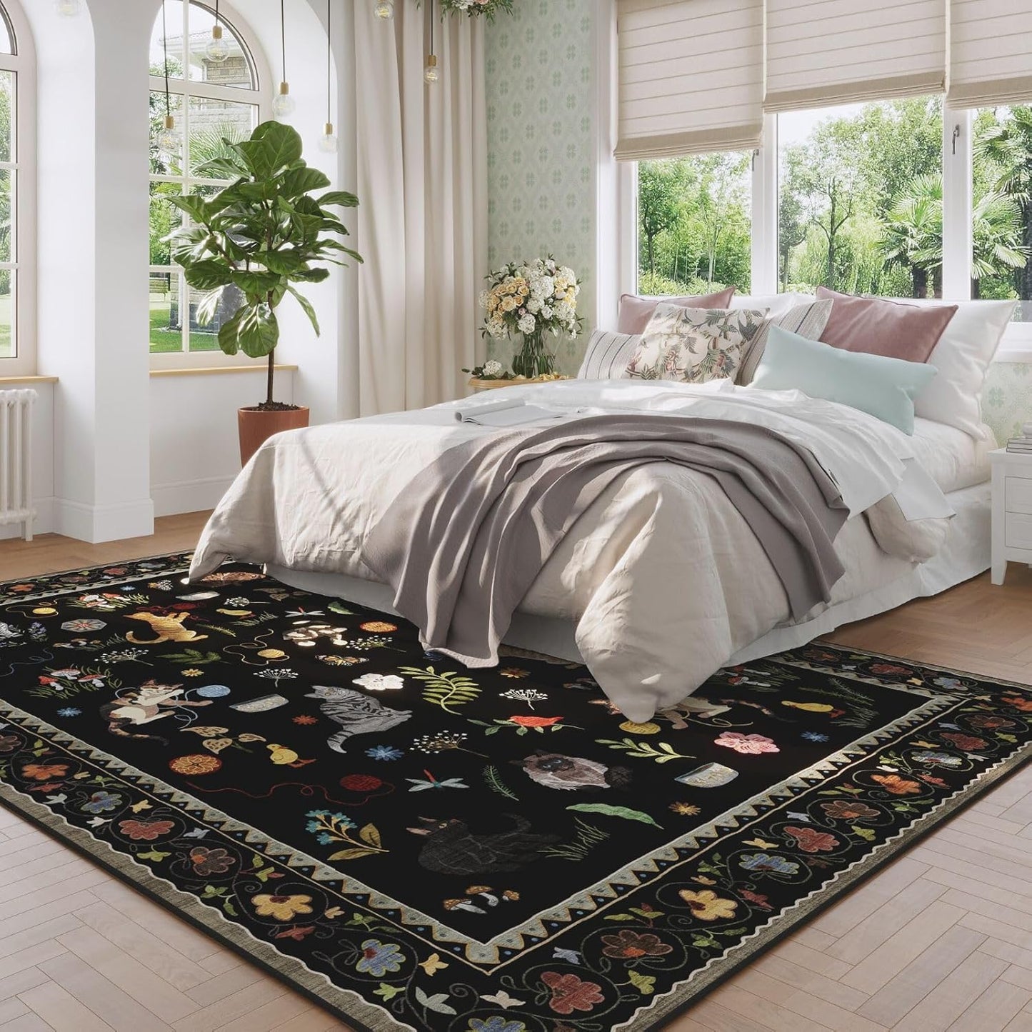 Rugcomf Area Rugs 9x12 Living Room Clearance Washable Boho Rug Non Slip Floral Animal Cat Vintage Low Pile Large Rug for Living Room Bedroom Farmhouse Dining Room Kids Playroom, Black