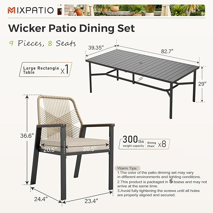 9 Pieces Outdoor Dining Set for 8, Patio Dining Set Wicker Rattan Chairs with 3.1" Cushion and Rectangular Table with Umbrella Hole, Wicker Patio Table and Chairs for Backyard Porch