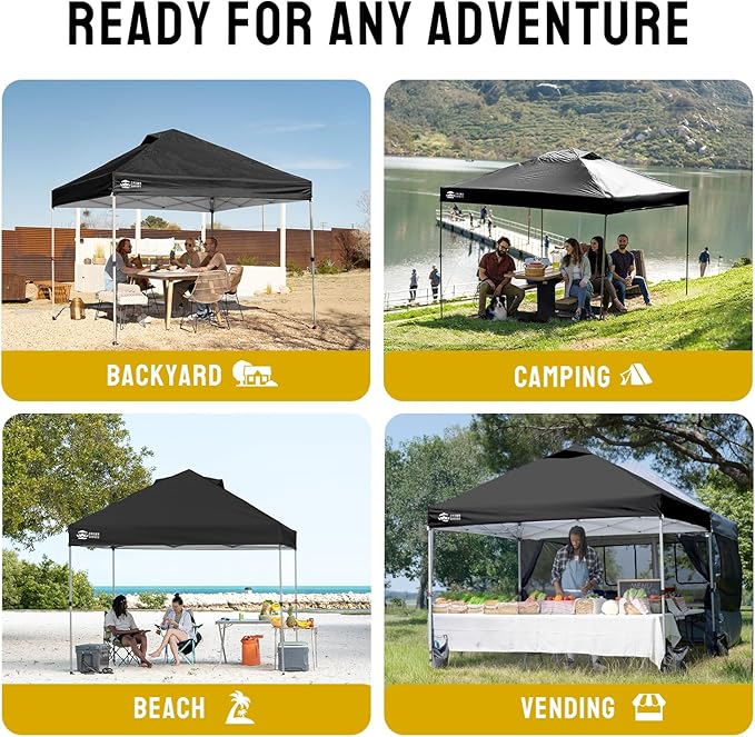 CROWN SHADES 10x10 Pop Up Canopy - Beach Tent with One Push Setup - Easy Outdoor Sun Shade for Events, Parties, Camping - Gazebo with STO-N-Go Cover Bag, Silver Coated Top, Black