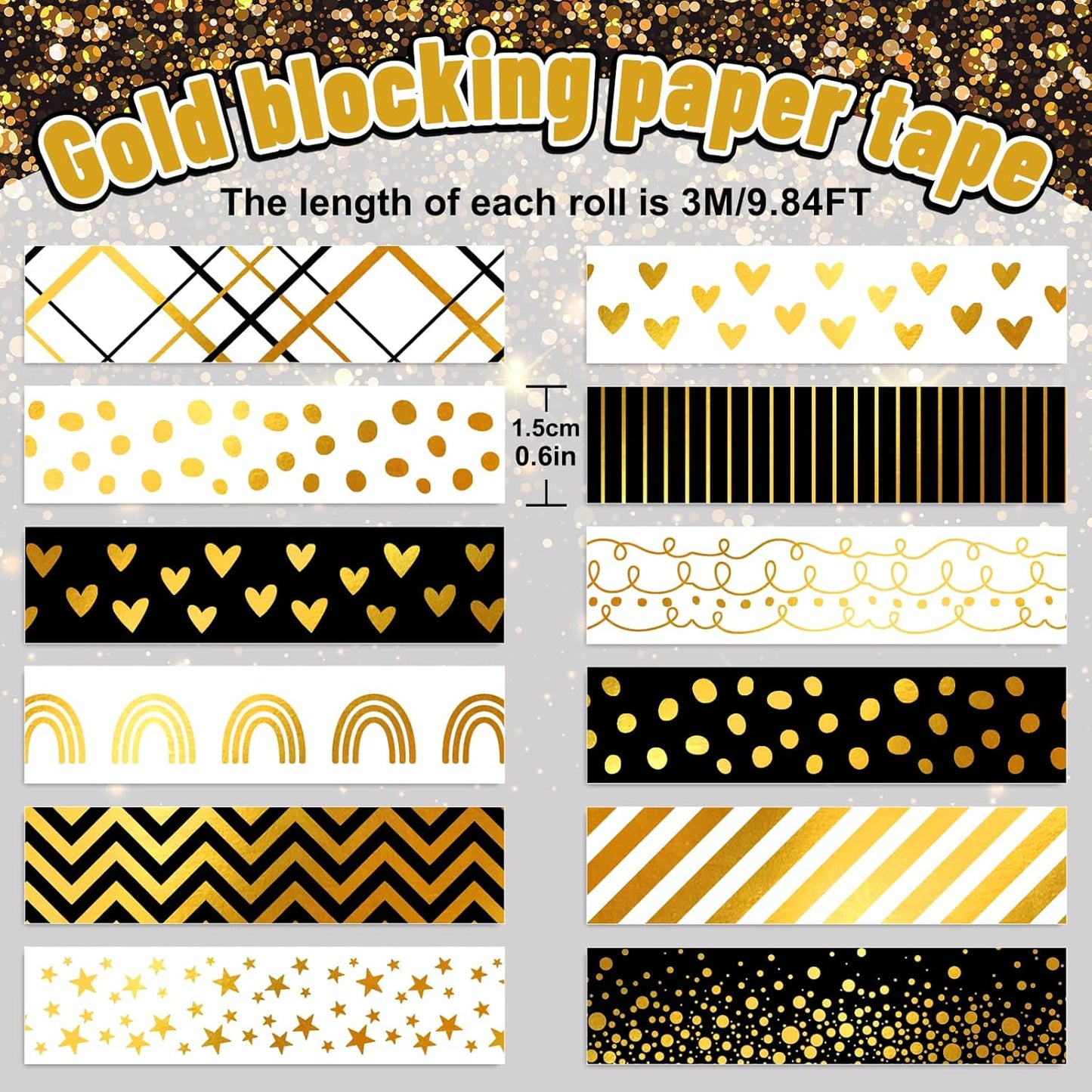 Whaline 12 Rolls Gold Foil Pattern Washi Tape Heart Dot Stripe Rainbow Masking Tape Set Decorative Wrapping Paper Tapes for Scrapbook Journal DIY Art Crafts