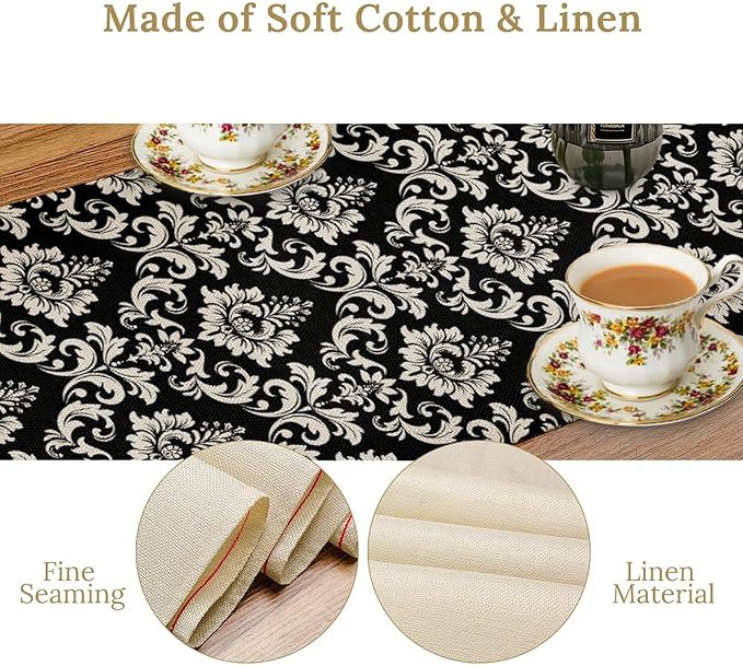 Black Damask Table Runner, Rustic Gothic Baroque Style Floral Boho Flower Antique Coffee Vintage Retro Table Center Decor for Kitchen and Dining Outdoor Home Country Party Table Decorations, 13"x108"