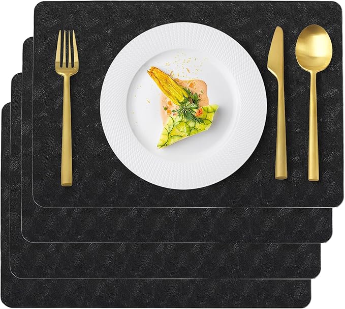 Vinyl Placemats Set of 4 Faux Leather 100% Waterproof Wipeable Washable Place Mats Heat Resistant Easy Clean Non-Slip Table Mats for Indoor Outdoor. (4,Black)
