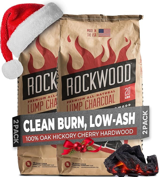 Rockwood Premium Hardwood Lump Charcoal – Oak, Hickory & Cherry Blend for Restaurant Quality Barbecue Smoking & Grilling – Smoky Flavor BBQ, Clean Burning for Kettle & Kamado Grills – 20lbs (2 Packs)
