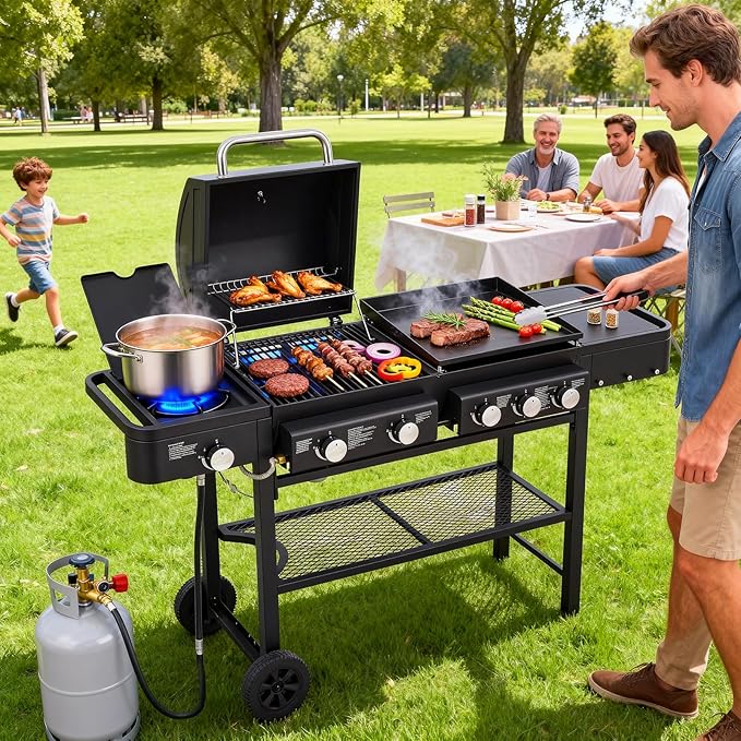 Unovivy 5-Burner Propane Gas Grill and Griddle Combo with Side Burner, BBQ Grills with Built-in Thermometer, 56,000 BTU Barbecue Grill, Oil Tray, Outdoor Patio Garden