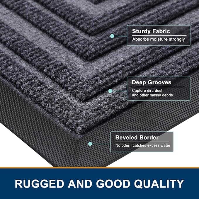 Buganda Front Door Mat Indoor Outdoor Entrance, Non-Slip Natural Rubber Doormats, Easy Clean, Low Profile, Dirt Trapper Entryway Floor Mats for Outside, Garages and Patios, 29.5x17, Grey