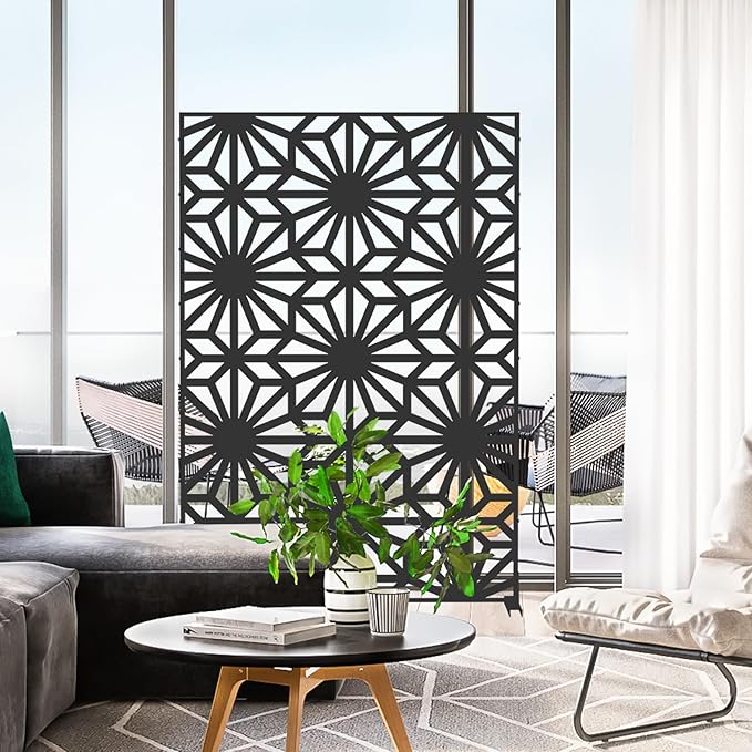Domi Metal Privacy Screens and Panels with Free Standing, Freestanding Outdoor Indoor Privacy Screen, Decorative Privacy Screen for Balcony Patio Garden, Sun Flower Shape