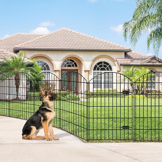 Metal Garden Fence with Gate 42in (H) x 23.3ft (L), 1 Gate+ 9 Panels Dog Fence Border Fence Animal Barrier, No Dig Garden Fencing for Yard Flower Bed Lawn Patio Outdoor, ECG4210, Black