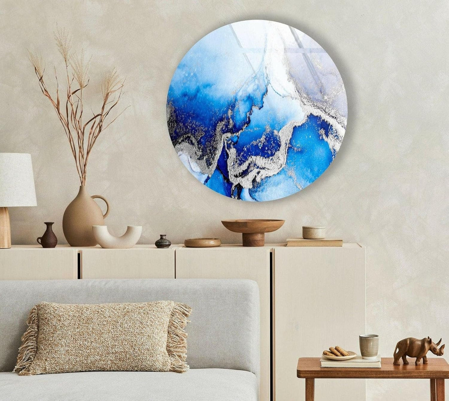 My Photostation.com 31.5''(80cm) Diameter Blue Marble Round with Silver Details Glass Wall Art Tempered Glass Printing Wall Decor Large Wall Art Wall Hangings