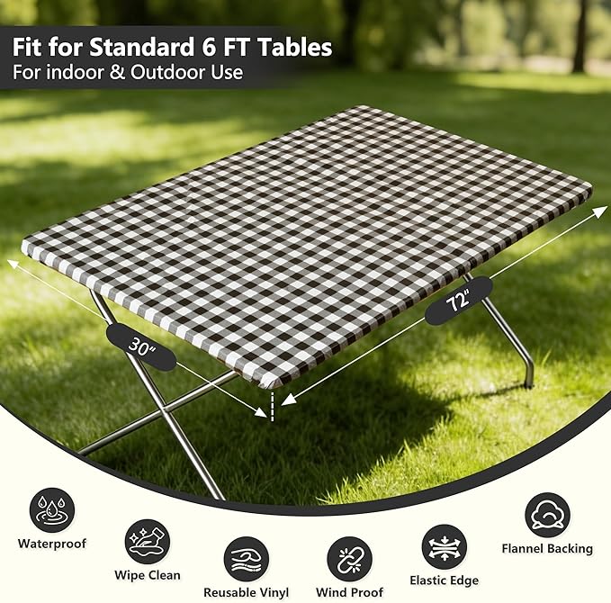 Rectangle Picnic Table Cloth, Elastic Waterproof Fitted Vinyl Tablecloths for 6 Foot Tables, Wipeable Flannel Backed Table Covers for Dining, Camping, Outdoor(Black Plaid,30"x72")