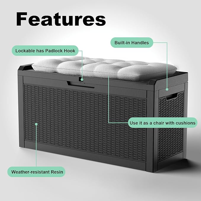 60 Gallon Deck Box,Resin Outdoor Storage Box with Lockable for Patio Furniture, Pool Accessories, Garden Tools, Waterproof Outside Storage Box, Black