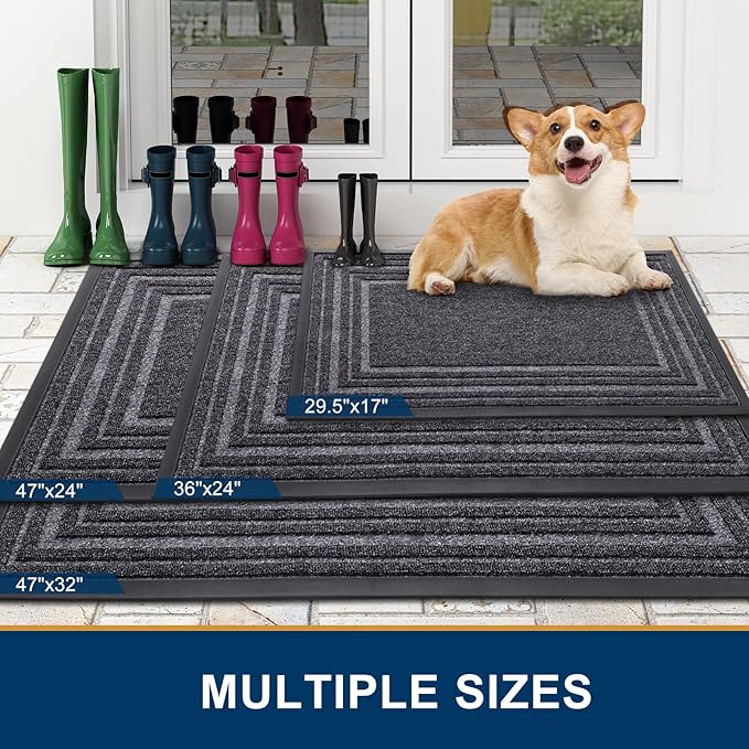 Buganda Front Door Mat Indoor Outdoor Entrance, Non-Slip Natural Rubber Doormats, Easy Clean, Low Profile, Dirt Trapper Entryway Floor Mats for Outside, Garages and Patios, 47x32, Silver Grey
