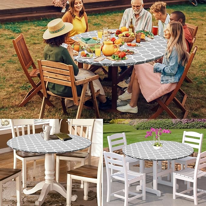2 Pcs Round Picnic Tablecloth, Waterproof Elastic Fitted Table Covers, Elastic Edge Table Cover Indoor Outdoor Round Fits 43"-55" Round Table Cloth, Oilproof Wipeable Protector for Camping (Grey)